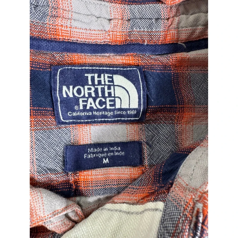 The North Face Mens Plaid Short Sleeve Button Down Shirt Orange Navy Blue Medium